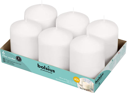 BOLSIUS 6 White Pillar Candles Bulk - 3x4 Inches Candle Set - 40+ Hours Clean Burning - No Palm Oil - 0% Animal Fat - Premium European Quality - Unscented Dripless Restaurant Pillars