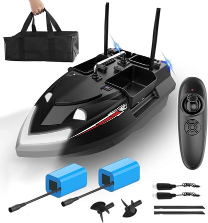RC Bait Boat for Fishing with 4 Bait Containers 1640FT Remote Range Line Drop Cruise Control Dual 5200mAh Batteries LED Lights Hook Release &amp Carry Bag (Black)