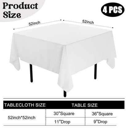 JALANCY 4 Pack Square Table Cloth 52x52 Inch White Tablecloth Machine Washable Fabric Polyester Table Cover for Dining, Buffet Parties, Picnic, Events, Weddings and Restaurants（White）