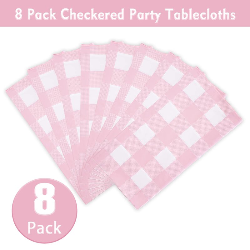 Kesfey 8 Packs Pink and White Checkered Tablecovers 54 x 108 Inches Disposable Party Picnic Table Cloth SpillProof Plastic Gingham Tablecovers for Camping Decoration Party Favors