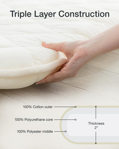 FULI Japanese Futon, Twin XL Size, White - Foldable Shikibuton Floor Bed - Medium Firm Quilted Cotton Sleeping Pad, Portable Roll-Up Japanese Floor Bed for Guests & Small Spaces