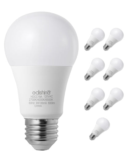 EDISHINE Dimmable LED Light Bulb 800LM 9W E26 Base 3 Color Temperatures 2700K/4000K/6500K Warm White 8 Pack