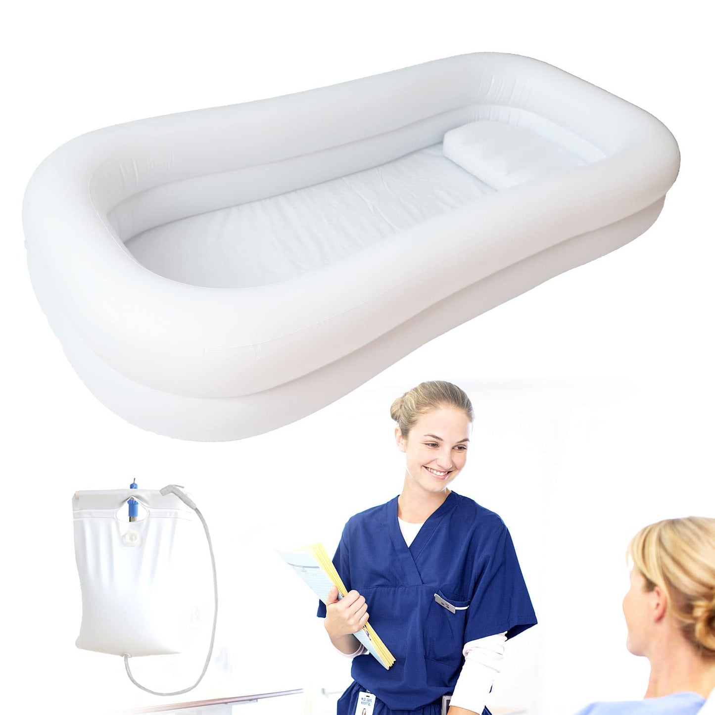 Timisea Medical Inflatable Bathtub, Portable Bed for Geriatric, Elderly, Disabled Bedridden Patients, Handicapped, Air Pump Adult PVC Bathtub with Water Bag Air Pillow, Bath in Bed (Double Layer)