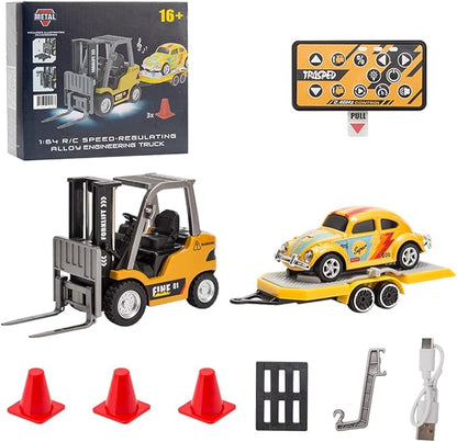 RC Forklift Truck with Trailer 1/64 Mini Alloy Remote Control Forklift 2 Mode Speed Truck with Cargo Hook Pallets RC Construction Vehicles for Adult