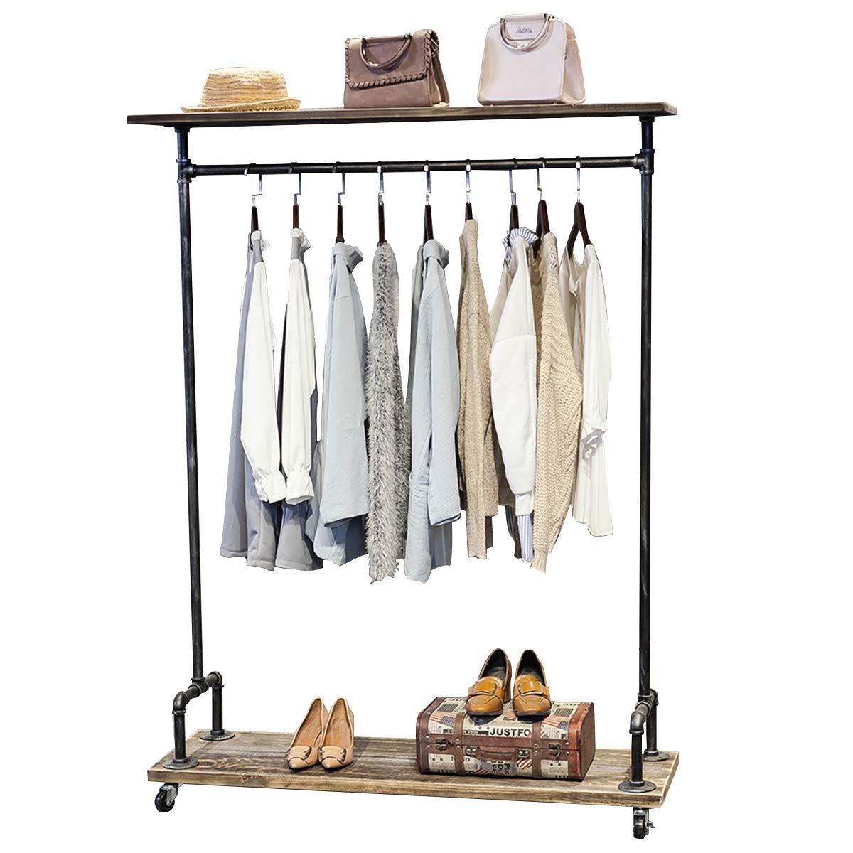 MBQQ Industrial Decorative Clothes Rack, Black Silver, Wood and Iron, 47.2"L x 63"H x 13.8"W