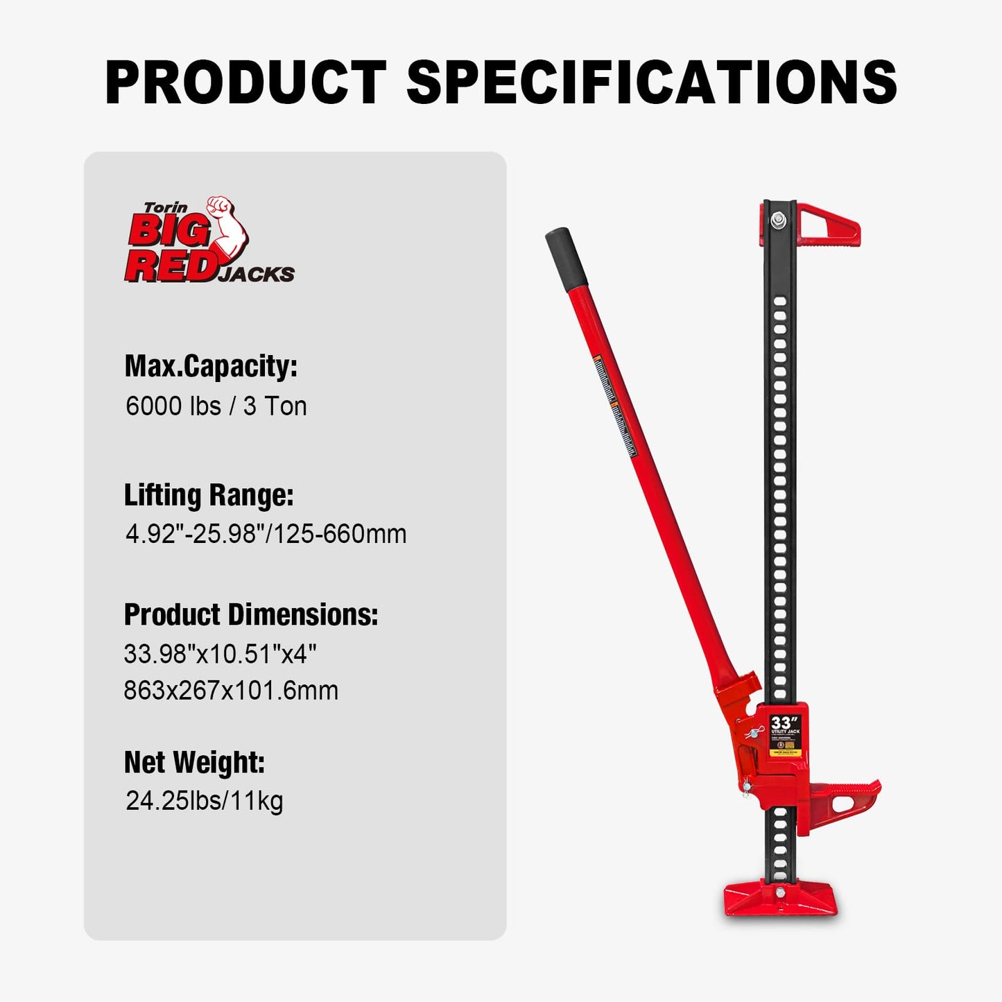 Torin TRA8335 33" Ratcheting Off Road Utility Farm Jack, 3 Ton (6,000 lb) Capacity, Red