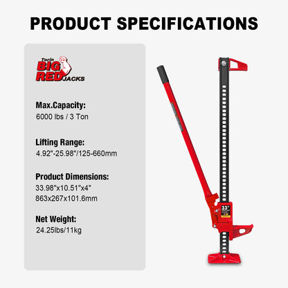 Torin TRA8335 33" Ratcheting Off Road Utility Farm Jack, 3 Ton (6,000 lb) Capacity, Red