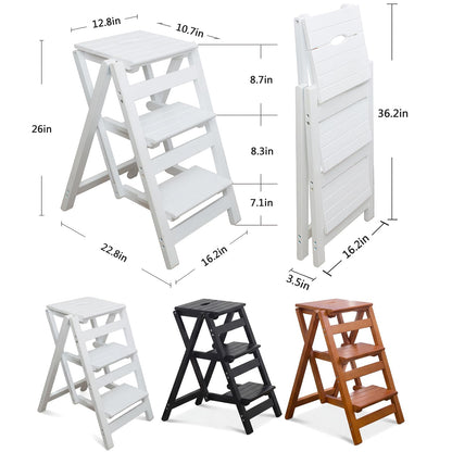 Step Stool for Adults/Step Ladder/Counter Chair, 3-Step Folding Portable Wooden Step Stool, Anti-Slip & Lightweight (White)