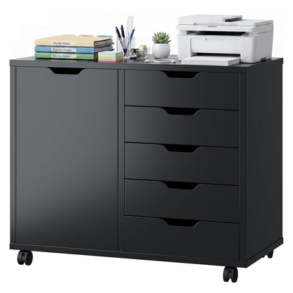 SageNest 5 Drawer File Cabinet with Wheels, Rolling Office Storage Cabinet with Shelves and Door, Printer Stand with Drawers, Under Desk Filing Cabinet with Wood Board, Black