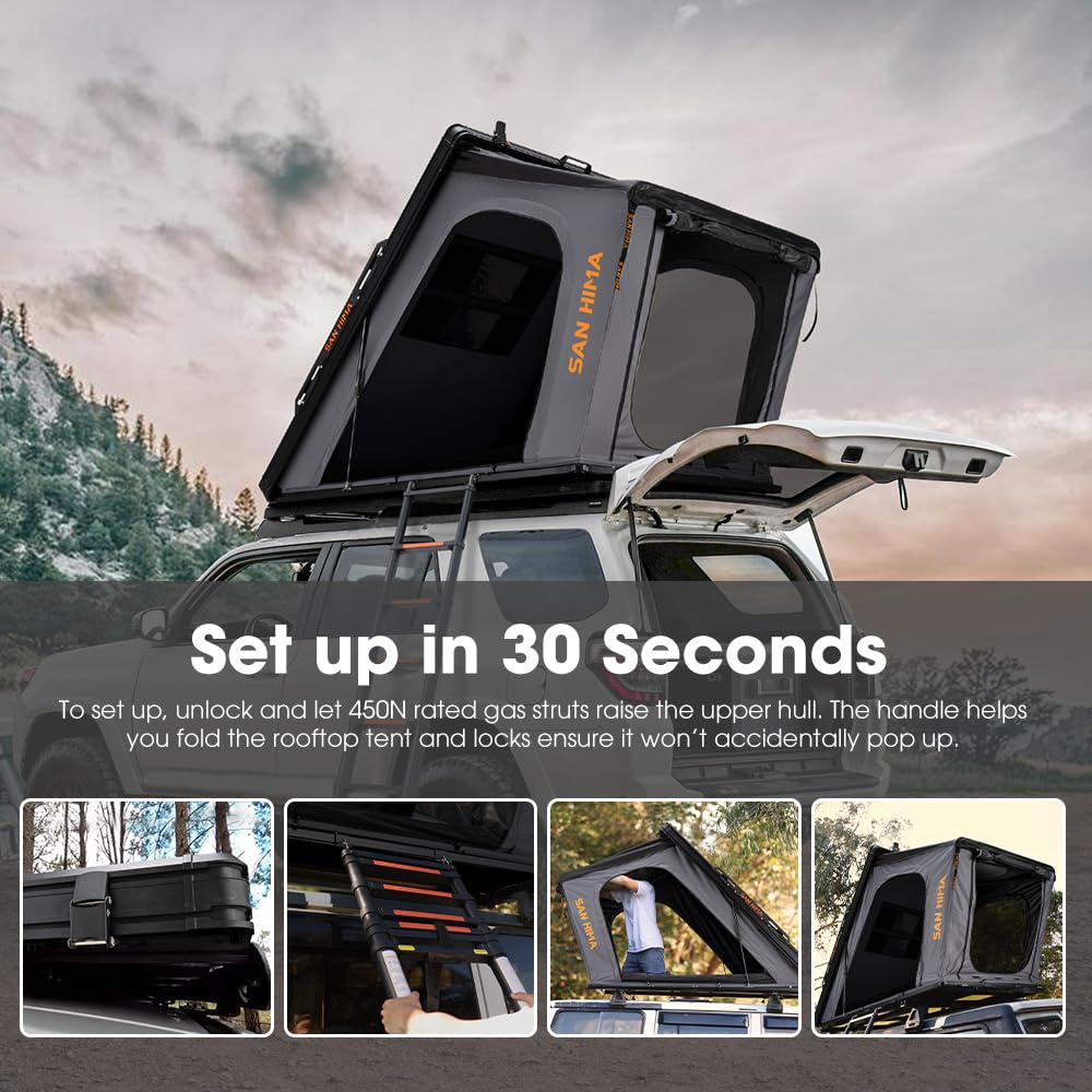 Sanhima Rooftop Tent Hard Shell - Hotham Overland Aluminium Roof Top Tent w/Larger Space, LED Strip Light & Skyview Window, 2” Thick Mattress, for Car SUV Truck Camping, 2-3 People, Gray