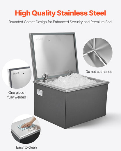 VEVOR Drop in Ice Chest, 20" L x 16" W x 13" H Stainless Steel Drop in Cooler, 44.7 Quart Commercial Ice Bin with Flip Lid for Outdoor Kitchen Patio Bar, Drain-Pipe Set Included, for Cold Wine Beer
