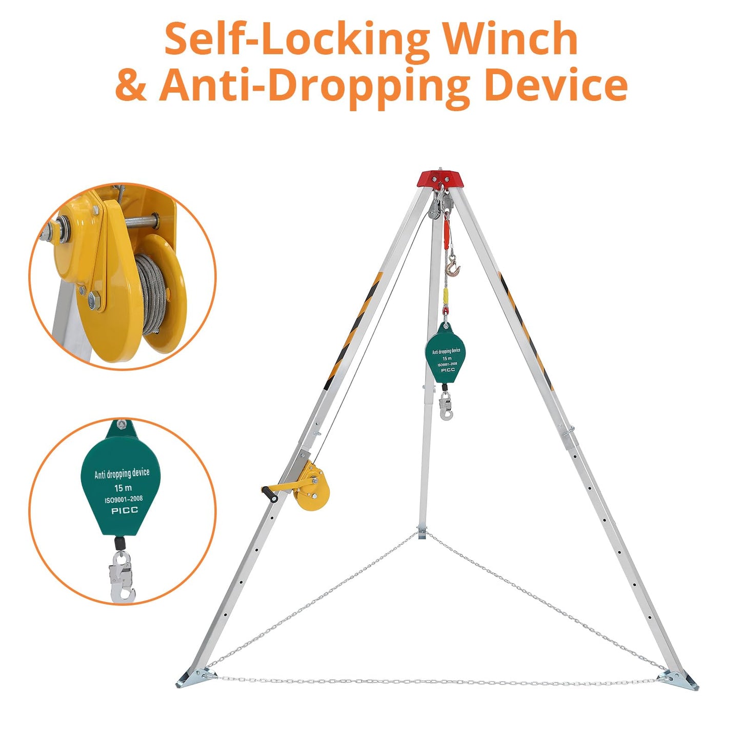 GarveeTech Confined Space Tripod Kit with 1200 LBS Lifting Winch and Fall Arrester, Sewer Rescue Tripod with Safety Self-Locking Device
