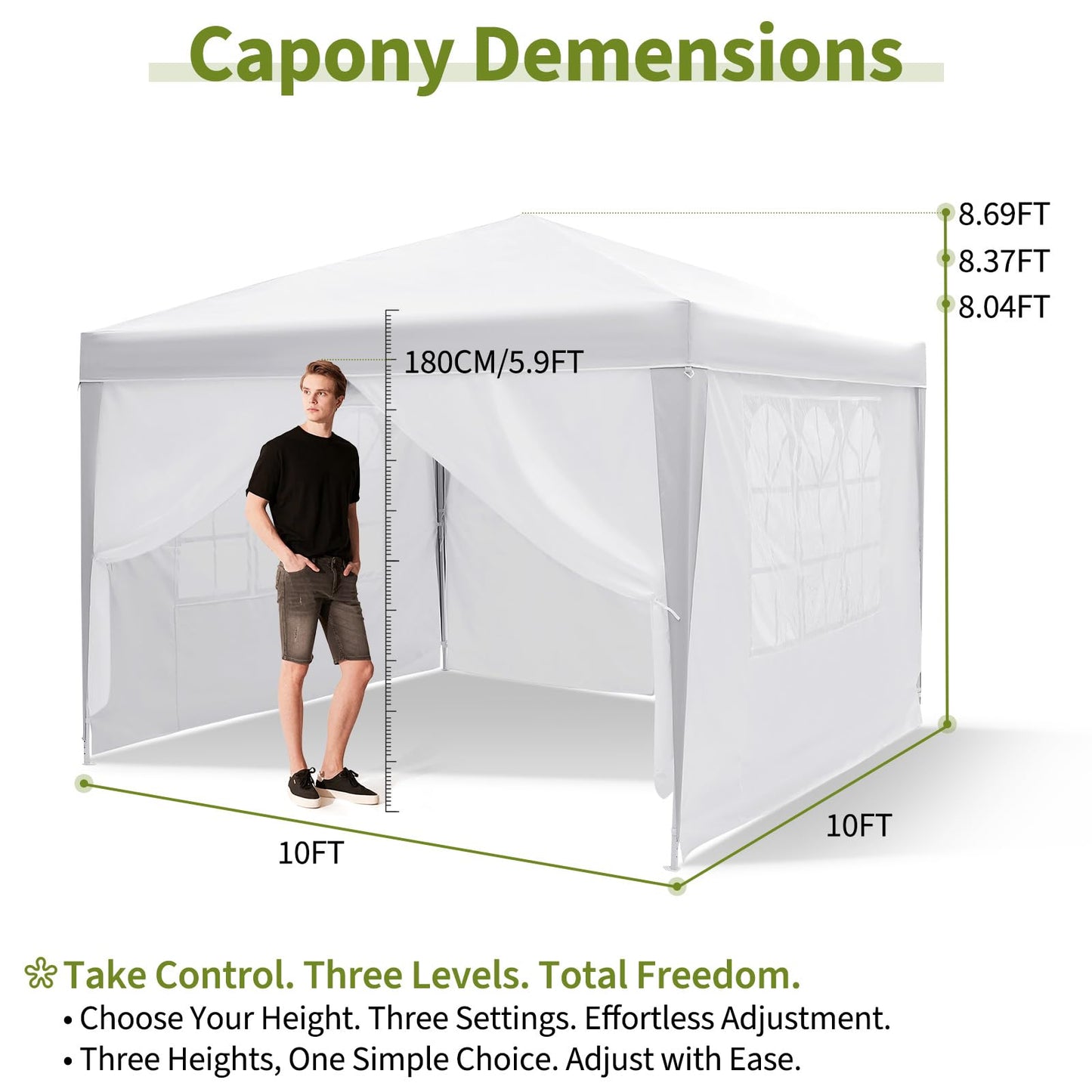 10x10 Pop Up Canopy with 4 Sidewalls, Outdoor Portable Instant Canopy Tent, Waterproof Pop Up Tent, Versatile Gazebo for Camping, Outdoor Parties, Backyard,Beach Activities,White