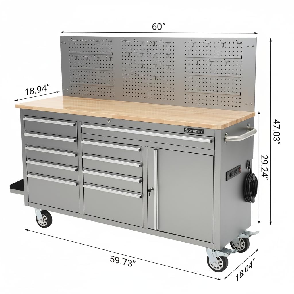61-Inch Heavy Duty Rolling Tool Chest with 10 Drawers and Solid Rubber Wood Top Mobile Workstation, 1675 LBS Load, Includes Power Strip, Locking System, Drawer Liners for Garage Warehouse Repair Shop