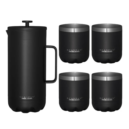 Scanpan TO GO French Press Coffee Maker 1.0L (Black) + 4 Vacuum Cups 250 mL (Black) - 18/8 Food Grade Stainless Steel - Scratch-Free Coating - Dishwasher Safe