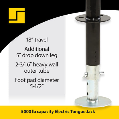 Stromberg Carlson JET-5000 Electric Tongue Jack - Heavy Duty Jack with Motor Protection, 18" Travel & 5" Drop Down Leg, Stabilizing, Leveling & Lifting for RVs, Campers, Utility Trailers, 5000 lb