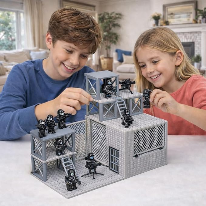 Military Scene Building Set - WW2 Military PrisonMilitary Watchtower Includes Closed Cage Halloween Jail T-Rex Scene 8 Ghost Police Figures