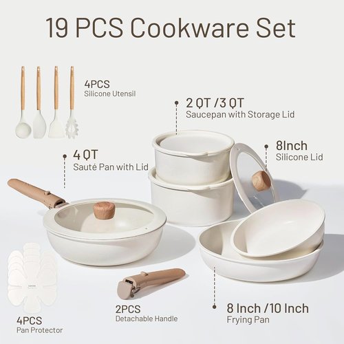 CAROTE 19pcs Pots and Pans Non Stick, Cookware Sets Detachable Handle, Induction Kitchen Pots and Pans,NonStick Cooking Set, Oven/Dishwasher/Fridge Safe, Space Saving