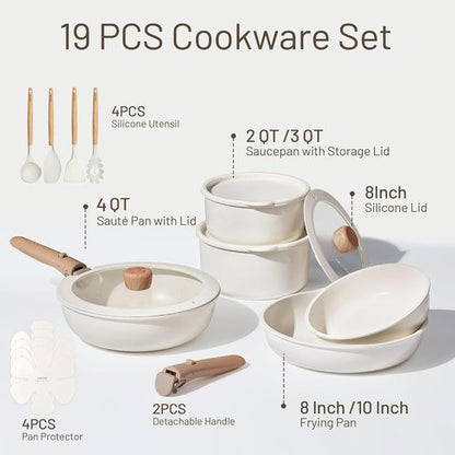 CAROTE 19pcs Pots and Pans Non Stick, Cookware Sets Detachable Handle, Induction Kitchen Pots and Pans,NonStick Cooking Set, Oven/Dishwasher/Fridge Safe, Space Saving