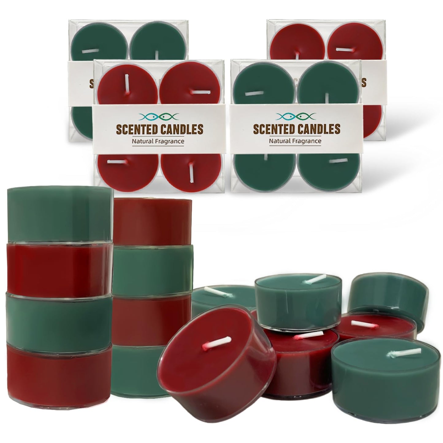 Christmas Scented Tealight Candles, Natural Soy & Bee Wax Blend, Christmas Colors: Red & Green; Apple Cinnamon & Balsam Fir Strong Scented, 3.5 Hour Burn Time, 16 Pcs by Kissingfish