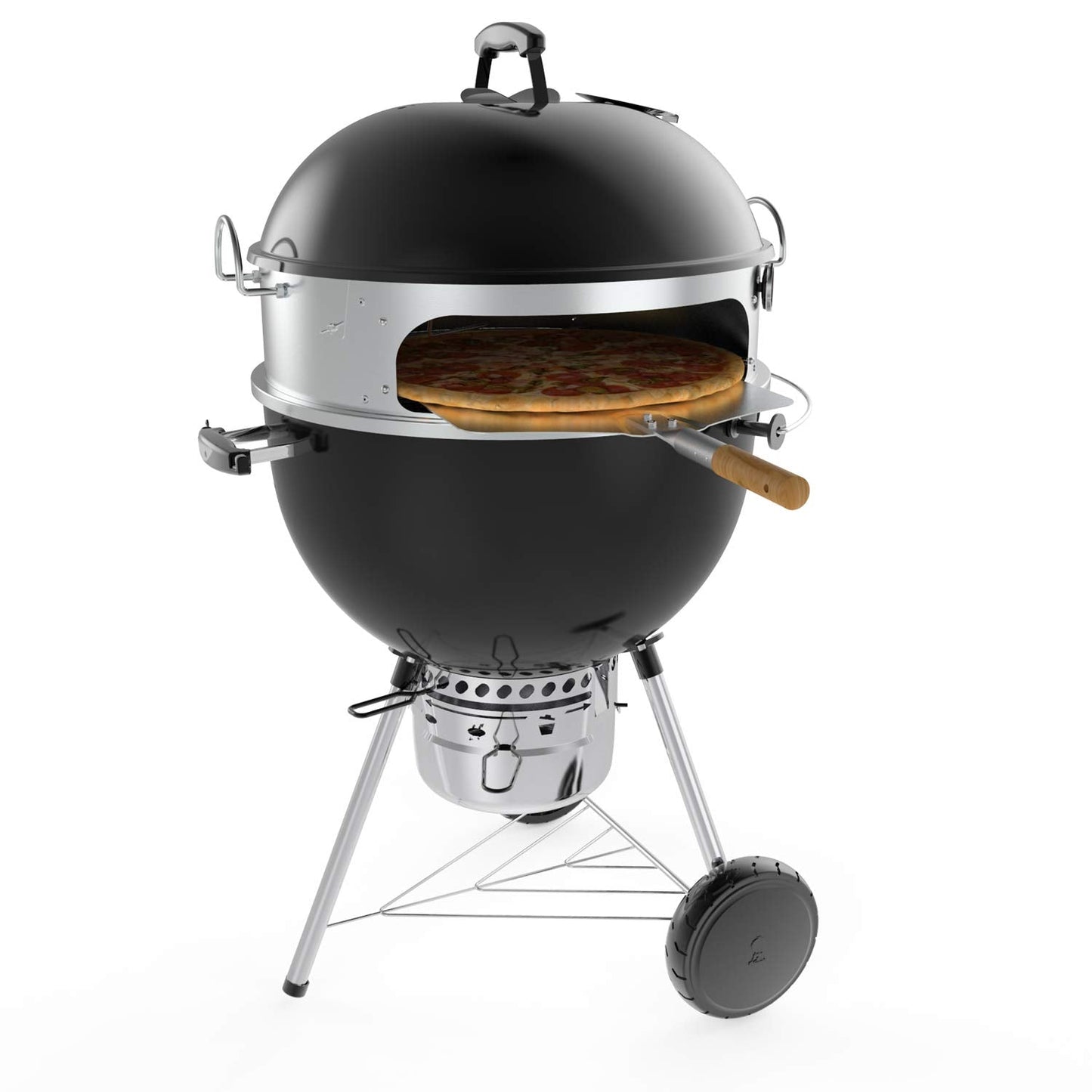 onlyfire Stainless Steel Multi-purpose Rotisserie and Pizza Combo Kit for Weber 22-Inch Kettle Charcoal Grills - Include Pizza Peel and Pizza Stone