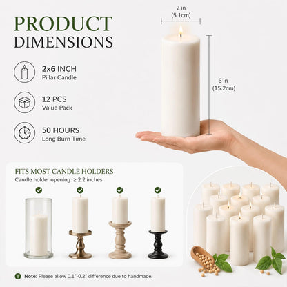 12 Pack Creamy White Soy Wax Pillar Candles 2x6 in, Unscented Decorative Candles, 600h Total Burn (50h Each), Clean Burning, Smokeless & Dripless for Wedding, Fireplace, Home Decor & Dinner Table