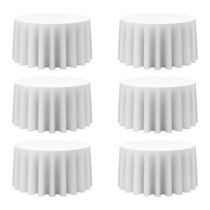 BRILLMAX 6 Pack White Round Tablecloths 120 Inch for 60” Tables - 150 GSM Polyester Fabric, Floor Length Drop, Water, Stain & Wrinkle Resistant Cloth Cover for Wedding Reception Banquet Dining