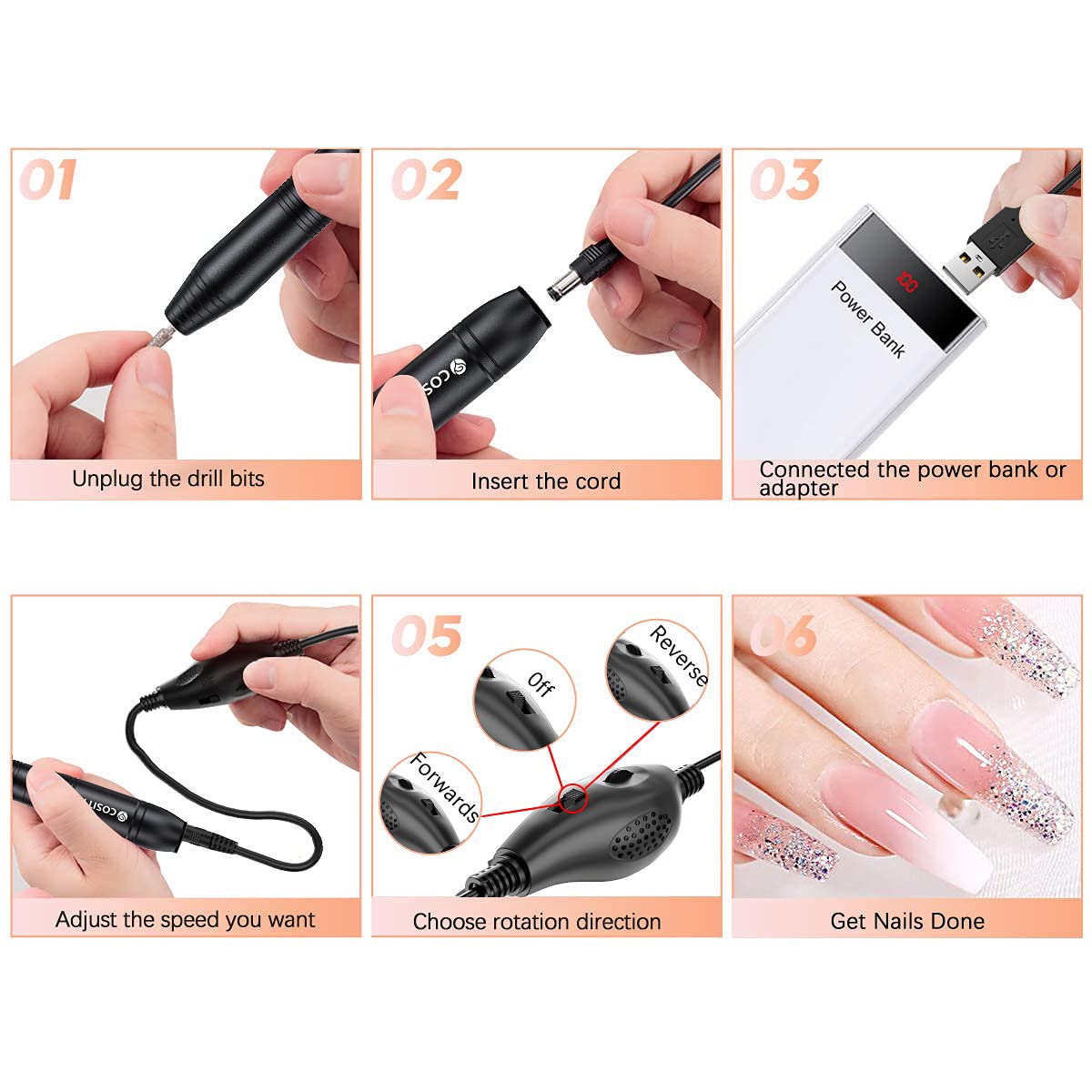 Electric Nail Drill,USB Electric Nail Drill Machine for Acrylic Nail Kit,Portable Electric Nail File Polishing Tool Manicure Pedicure Kit Efile Nail Supplies for Home Salon,Pink