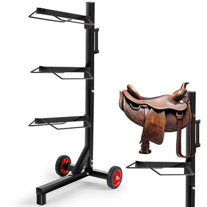 Abbylike 3 Tier Saddle Rack Stand with Wheels Portable Heavy Duty Saddle Pad Rack Horse Tack Storage for English Western Horses Blanket Stall Supplies Accessories