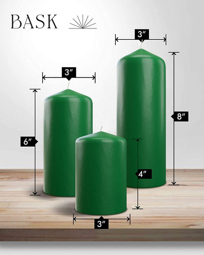 Bask Cone Top Pillar Candles - Elegant Green Candles - Set of 3 Green Pillar Candles - 3"x4", 3"x6", and 3" x8 - Smokeless and Dripless Decorative Candles for Home Decor and Relaxation