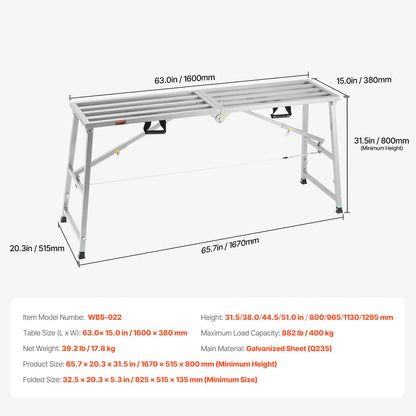 VEVOR Work Platform, 63"x 15" Portable Scaffolding Platform, Folding Steel Step Ladder Adjustable Height 31.5”-50.1”, 800 lbs Load Capacity, Non-Slip Drywall Painting Stool for Cleaning &Washing