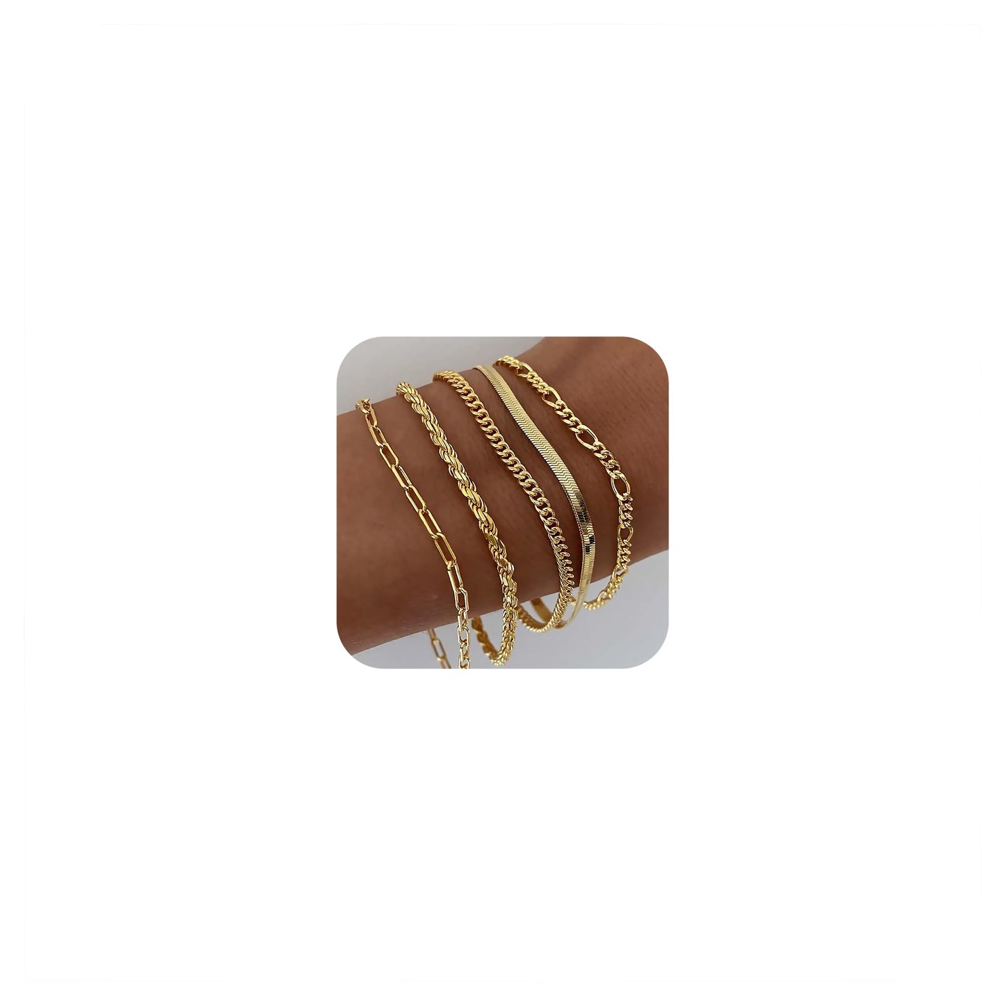 DEARMAY Gold Bracelets for Women Trendy Gold Jewelry Set for Women Cuban Link Chain 14K Gold Plated Filled Figaro Paperclip Rope Herringbone Bracelet Pack 18K Gifts for Women