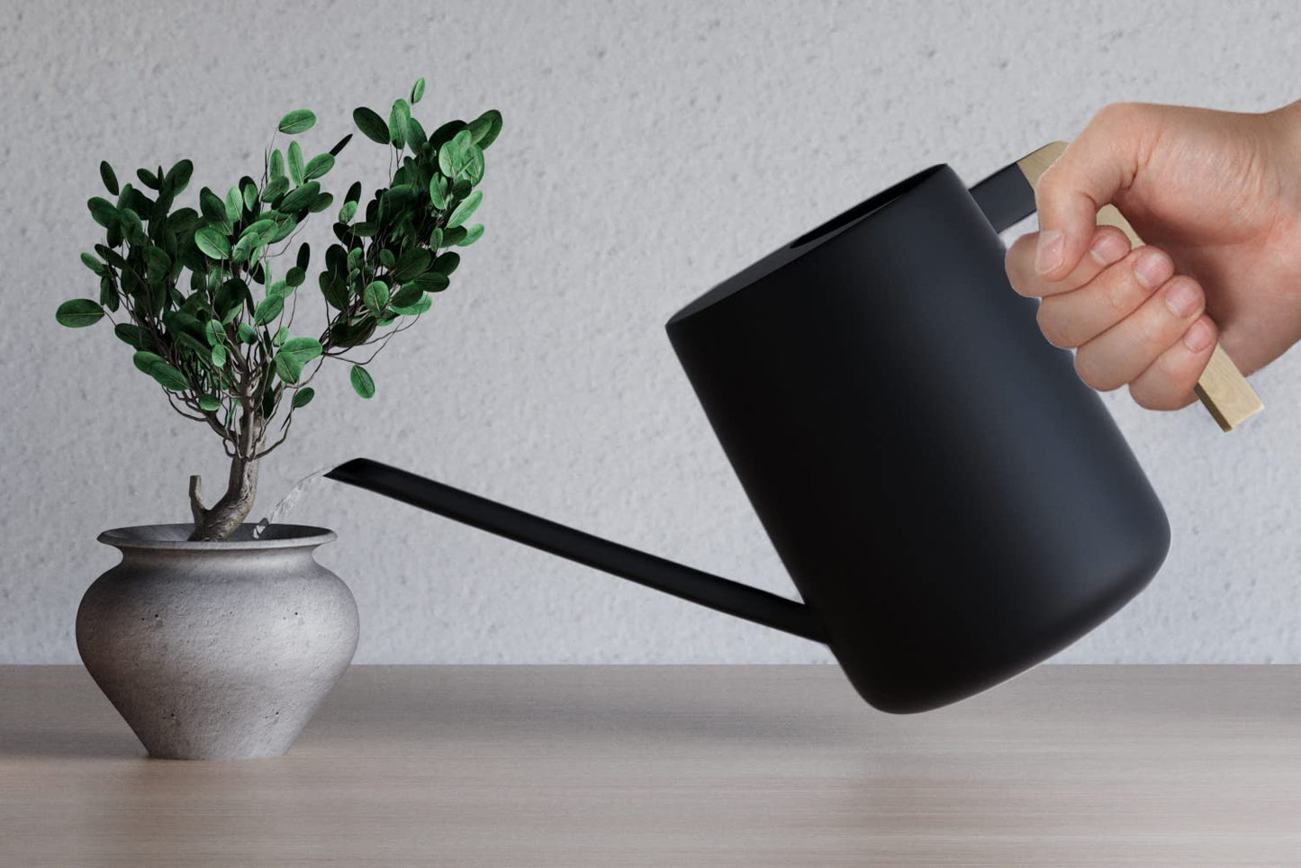 35 Ounce Metal Small Indoor Watering Can with Long Spout & Real Wood Handle for House Plants, Succulents, Cacti & Seedlings - Black Long Spout Watering Can Indoor Plants - Gentle Flow & No Spills