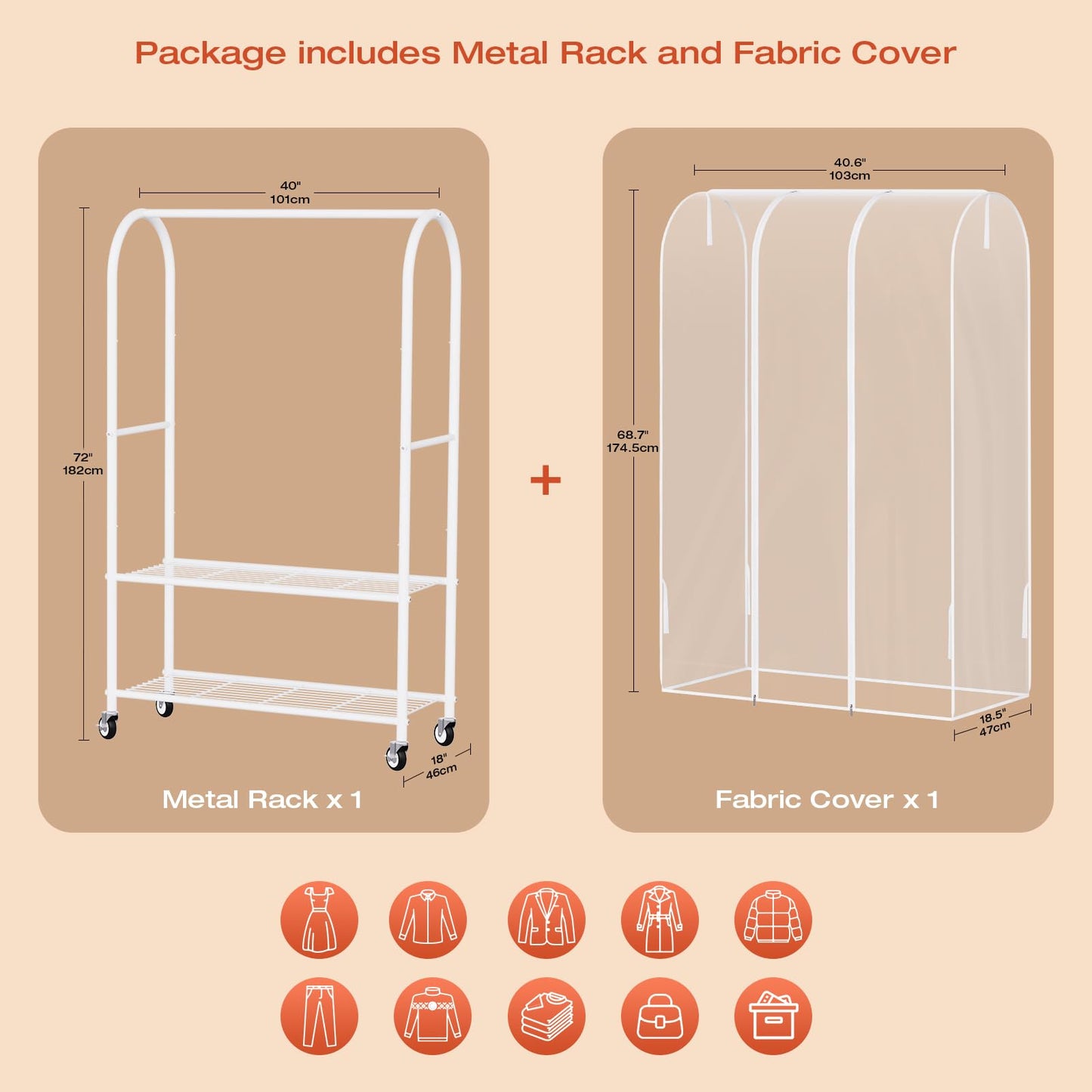 Univivi Clothes Rack with Clear Dust Cover, 2-in-1 Heavy-Duty Clothing Rack with Bottom Storage Shelf, Tool-Free Quick Assembly Portable Closet Rack for Hanging Clothes and Bedroom Closet Organization