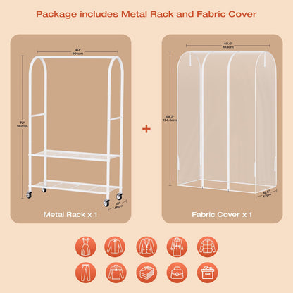Univivi Clothes Rack with Clear Dust Cover, 2-in-1 Heavy-Duty Clothing Rack with Bottom Storage Shelf, Tool-Free Quick Assembly Portable Closet Rack for Hanging Clothes and Bedroom Closet Organization