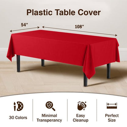 Exquisite 12-Pack Premium Plastic Tablecloth 12-Pack Premium Plastic Tablecloth 54in. x 108in. Rectangle Table Cover - Red