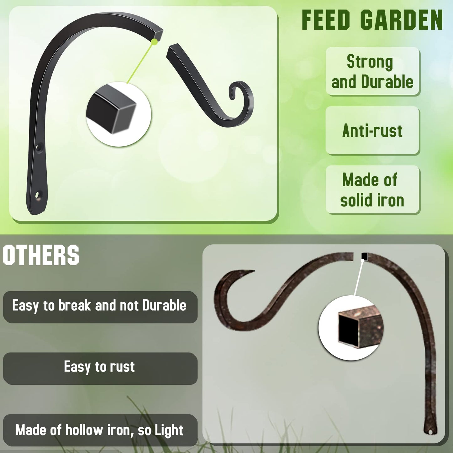 FEED GARDEN 2 Pack 8 Inch Hanging Plant Bracket Wall Hooks Decorative Plant Hangers for Outdoor Hanging Bird Feeders, Wind Chimes, Plant Baskets, Black