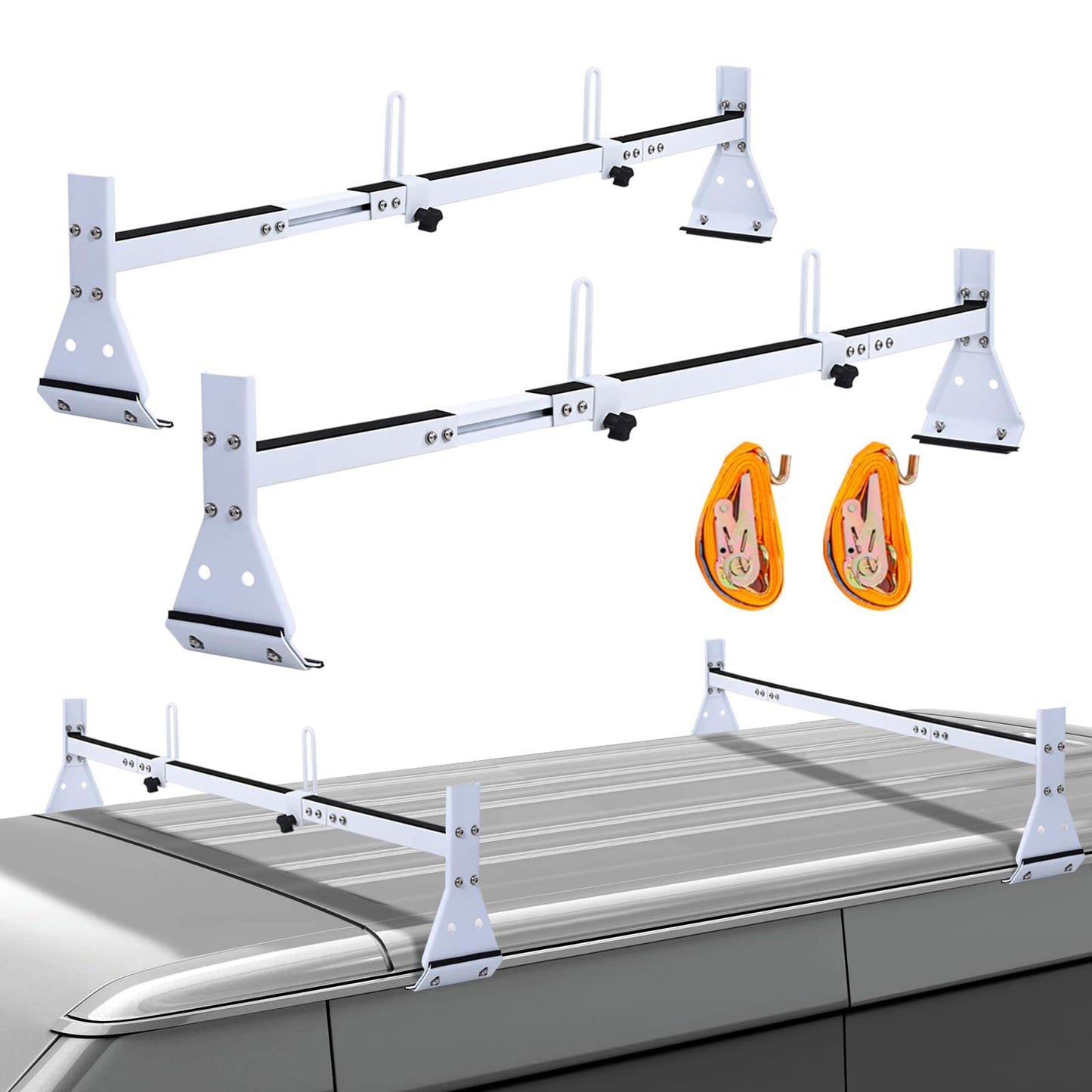 LMYYGOO Universal Van Ladder Rack, Adjustable 57"-63" for Chevy Express 1500 2500 3500 Ford Econoline GMC Savana Full-Size, 5-Section Stable Frame, 800 lb Capacity, Fits Rain Gutter Vans