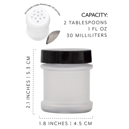 Cornucopia Brands Mini Plastic Spice Jars w/Sifters (12-Pack, Black); 2 Tablespoon Capacity (1 Fluid Ounce) Spice Bottles for Travel, Glitter, Gifts, Favors