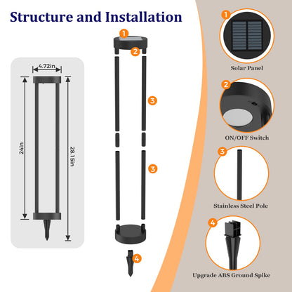 19:30 PM Solar Bollard Lights Outdoor, 24” Tall Stainless Steel & Iron Waterproof Solar Landscape Light for Yard Garden Walkway (4-Pack)