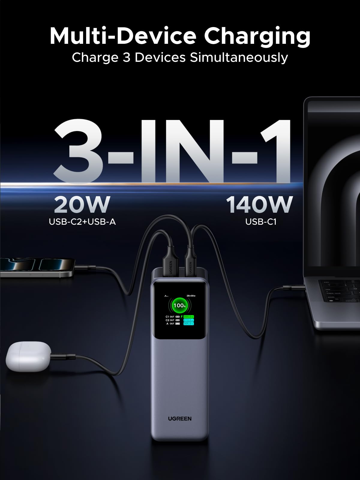 UGREEN Nexode Power Bank 25000mAh 200W Laptop Portable Charger PD 3.1 Fast Charging 90Wh 3-Port Battery Pack with TFT Smart Display for MacBook Pro/Air/ipad/iPhone 17/16/Samsung S26/Dell/HP and More