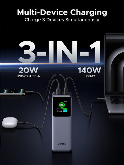 UGREEN Nexode Power Bank 25000mAh 200W Laptop Portable Charger PD 3.1 Fast Charging 90Wh 3-Port Battery Pack with TFT Smart Display for MacBook Pro/Air/ipad/iPhone 17/16/Samsung S26/Dell/HP and More