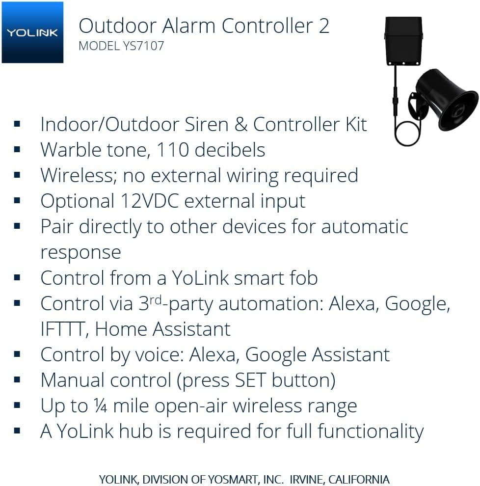 YoLink Outdoor Security Siren & Smart Alarm Controller Kit - Loud 110 dB, Wireless, Battery-Powered, 1/4 Mile Range, Android-iOS App, Alexa, Google, IFTTT, Home Assistant, Hub Required!