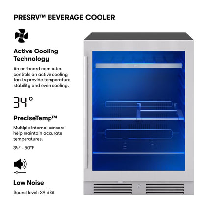 Zephyr Presrv 24 Inch Beverage and Wine Fridge Single Zone Under Counter, Built-in Drink Refrigerator, 7 Bottles, 108 x12oz Cans