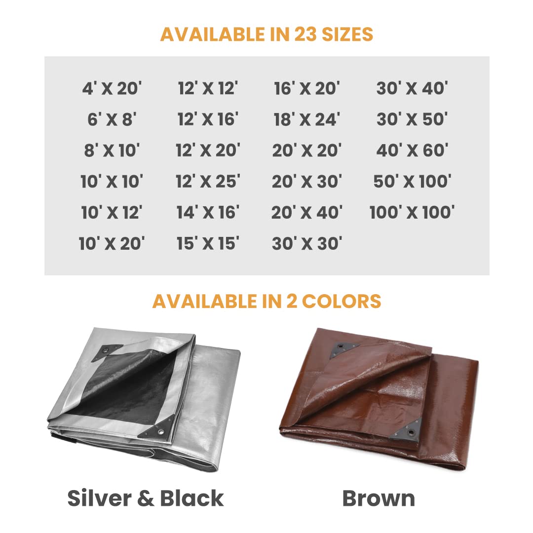 WHITEDUCK Super Heavy Duty Poly Tarp Cover 16 Mil & 10 Mil with Grommets and Reinforced Edges (Brown, White & Silver Black) (Brown- 16 Mil, 30' x 30')
