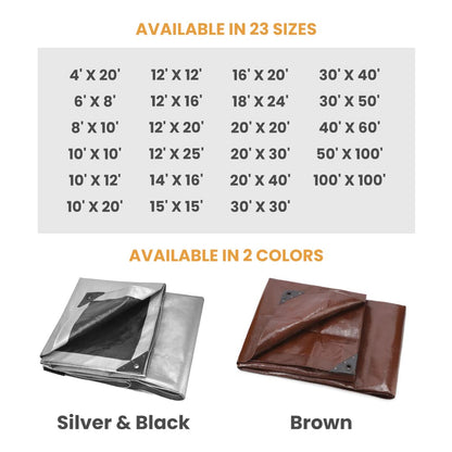 WHITEDUCK Super Heavy Duty Poly Tarp Cover 16 Mil & 10 Mil with Grommets and Reinforced Edges (Brown, White & Silver Black) (Brown- 16 Mil, 30' x 30')