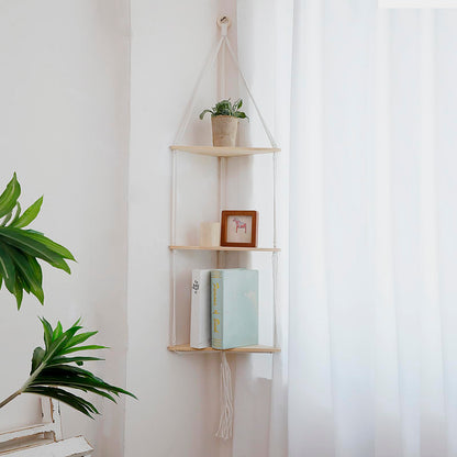 Artilady White Corner Floating Shelves Wall Hanging- Macrame 3 Tier Corner Shelf Plant Wall Decor Boho Rustic Wooden Storage Orgnizer for Bedroom Living Room Pots Photos