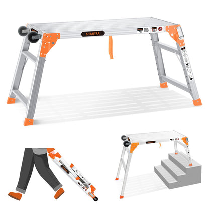 Multifunctional & Adjustable Work Platform with Wheels, 330 lbs Capacity, 25 to 35 inches Step Ladder, Aluminum Folding Scaffolding Ladder, Heavy Duty Portable Bench Ladder Stool with Non-Slip Feet