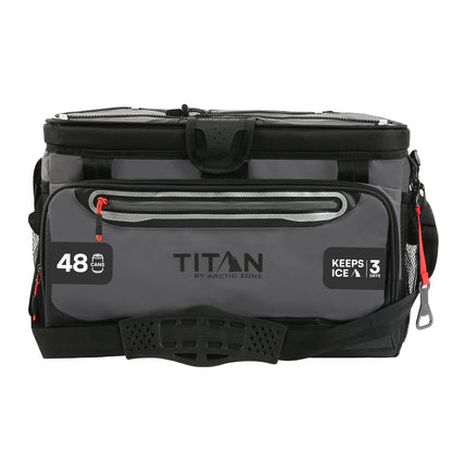 Titan by Arctic Zone Zipperless Soft Sided Cooler with HardBody Liner and SmartShelf, Insulated Bag with Shoulder Strap and Bottle Opener for Beach, Picnic, and Travel, 48 Can Capacity, Sharkskin Gray