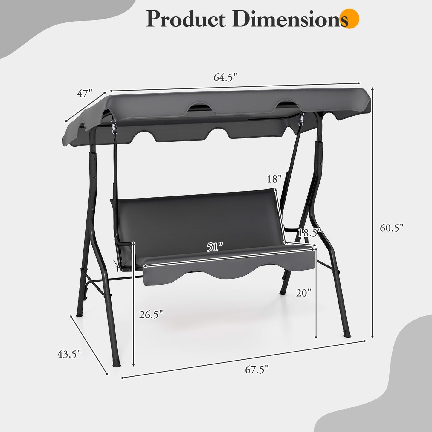 HAPPYGRILL 3-Person Patio Swing Chair, Outdoor Swing Glider with Adjustable Canopy and Removable Cushion, Porch Swing with Stand for Garden and Backyard, (Grey)